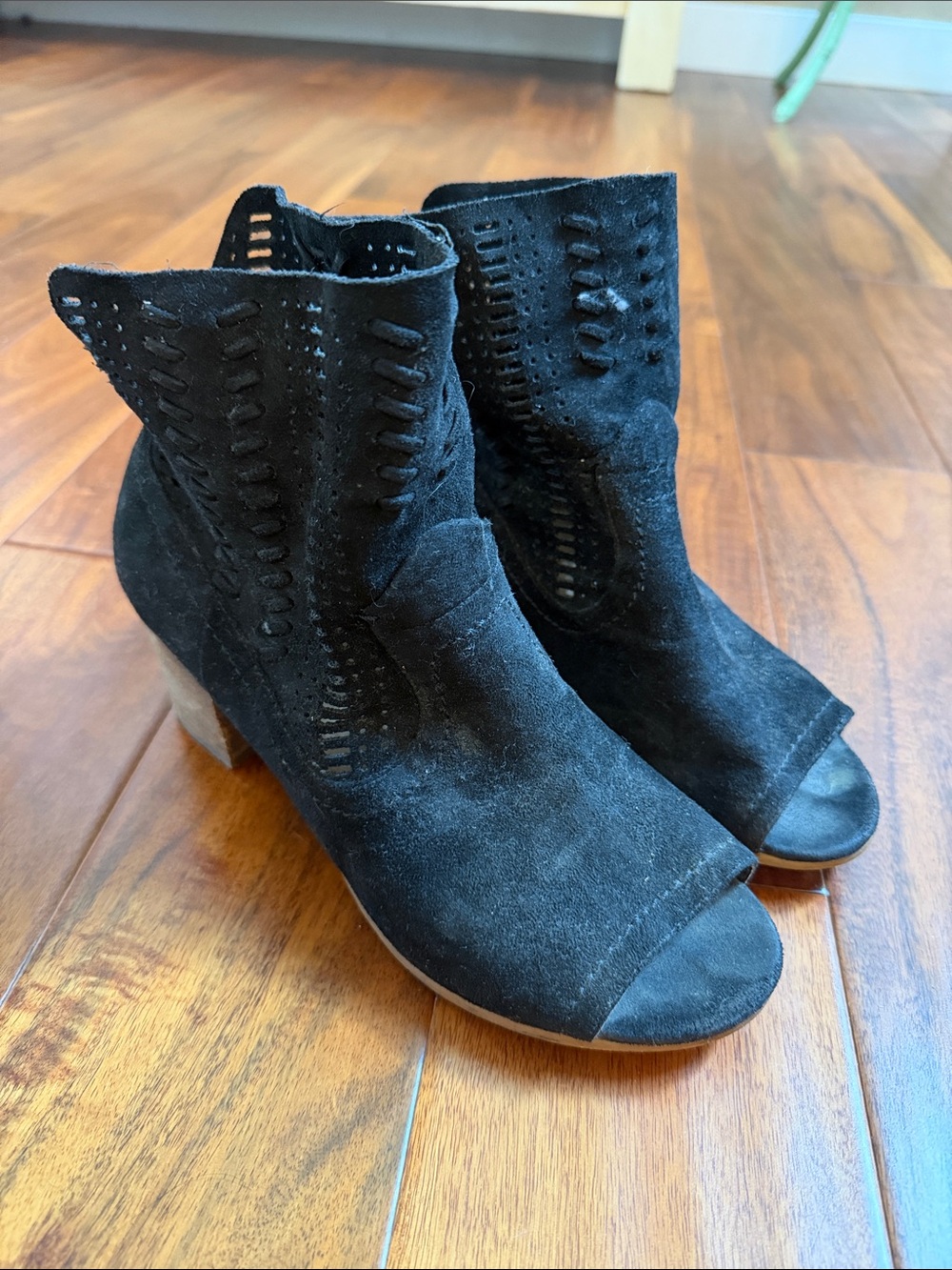 Not Rated Black Suede Booties Open Toe 2” stack heel Western Women’ Size 7.5 EUC